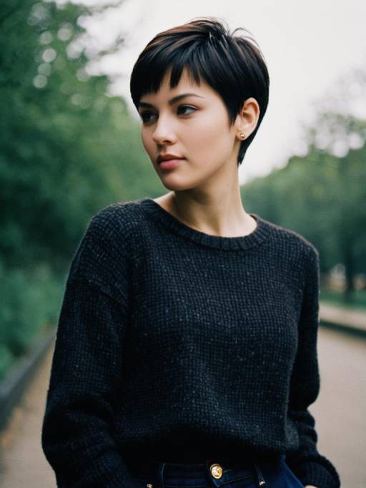 Woman with Dark Brown Pixie Cut Outdoors