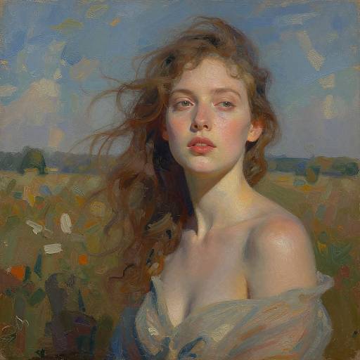 Impressionist painting of a fair-skinned, red-haired woman with loose hair, soft blush, and blue eyes, partially draped in a grayish