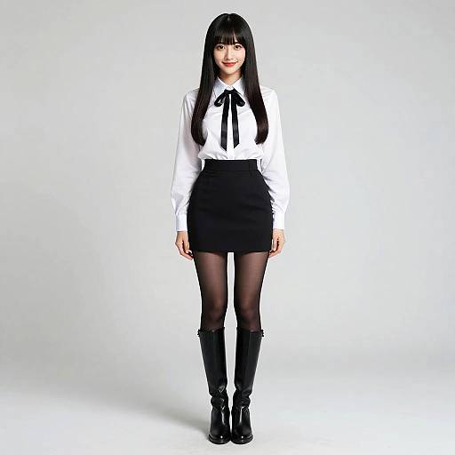 Photograph of a smiling Asian woman with long black hair, wearing a white blouse, black ribbon, black mini-skirt, black tights, and