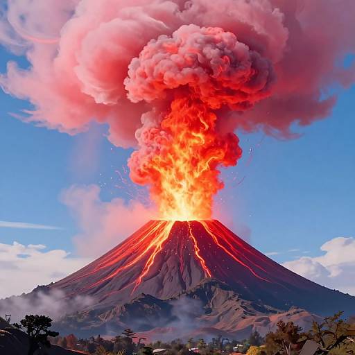 Photograph of a volcanic eruption: Bright red and orange lava flows down a steep, dark cone, with massive, billowing pink and red smoke against