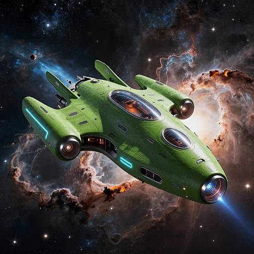Green Spaceship Soaring Through Nebula