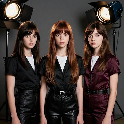 Photograph of three young women with long brown hair, wearing black and maroon button-up shirts, white tees, black leather pants, standing under