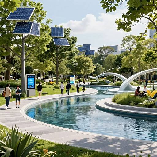 Photorealistic CGI of a sunny, green park with solar panels, curved blue water features, people walking, and modern sculptures amidst lush trees.