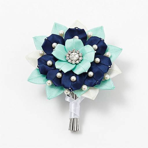 Photograph of a decorative bouquet with navy blue and light blue fabric flowers, pearl accents, and a central diamond cluster.