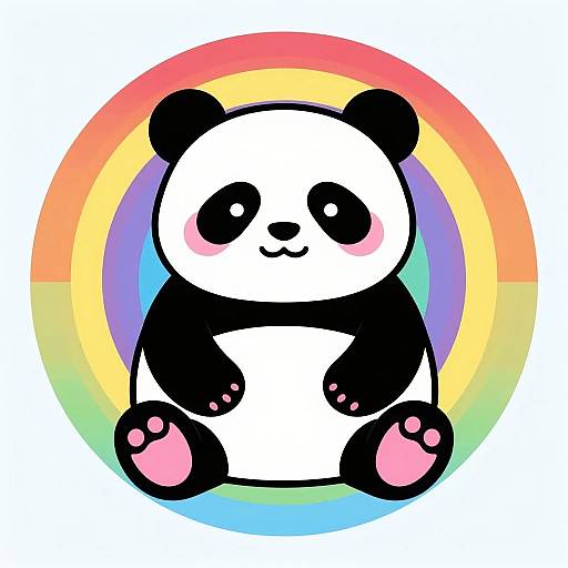Cute cartoon panda with black and white fur, pink blush, and black eyes, sitting against a vibrant rainbow circle background. Digital art style.