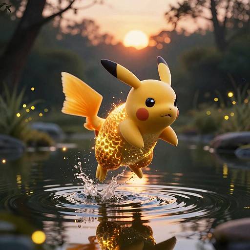Digital artwork of Pikachu with glowing yellow and orange fur, jumping out of a reflective pond at sunset, surrounded by trees and twinkling lights.