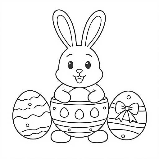 Black and white line drawing of a cute bunny sitting on three decorated Easter eggs, with a cheerful expression.