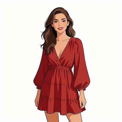 Digital illustration of a smiling woman with long brown hair wearing a red, V-neck, long-sleeve, ruffled dress against a white background.