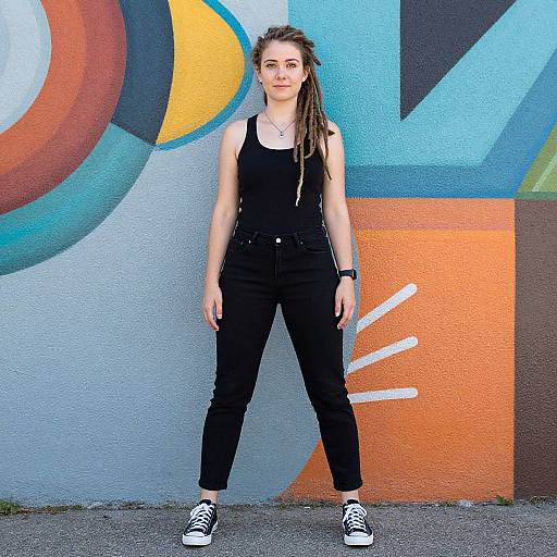 Photograph of a young woman with dreadlocks wearing a black tank top, black jeans, and black-and-white sneakers, standing against a colorful abstract mural