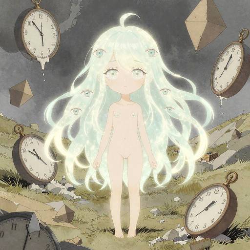 Digital anime-style drawing of a glowing, nude, white-haired girl standing among floating, dripping clocks in a grassy, rocky landscape.