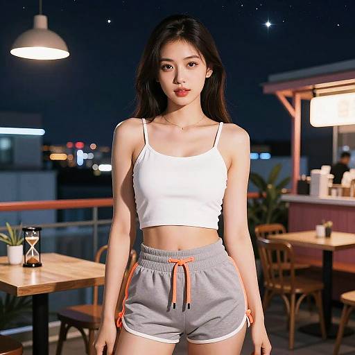 Young Asian woman with long black hair, wearing a white crop top and grey shorts with orange trim, stands on a rooftop at night, illuminated by hanging
