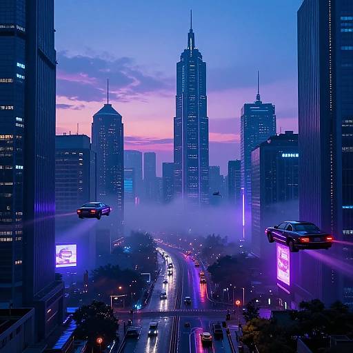 Digital art of a neon-lit, futuristic cityscape at dusk, featuring towering skyscrapers, mist-covered streets, and glowing billboards, with