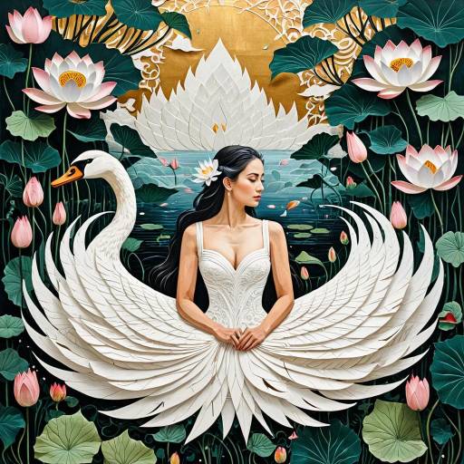 Woman Emerging from Giant Swan with Lotus Flowers