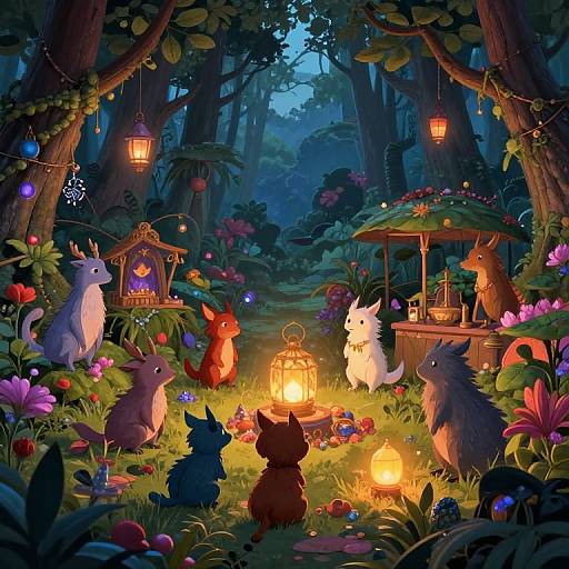 Whimsical forest night scene with colorful lanterns, enchanted animals (cats, rabbits), vibrant flowers, and glowing lights under a starry sky.