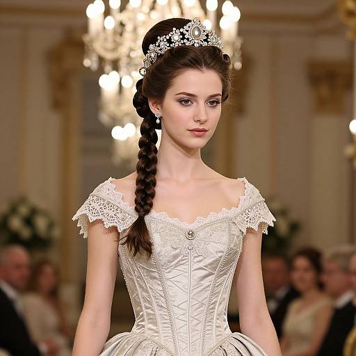 Photograph of a fair-skinned, dark-haired woman in a white lace wedding dress with a braided updo, tiara, and chandelier