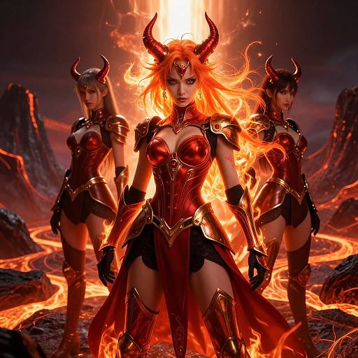 Digital art: Three fiery-red demon women with horns, glowing eyes, and armored red leather outfits, standing in a lava-filled, rocky landscape. Central