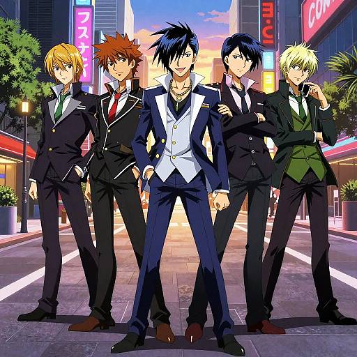 Digital anime artwork of five stylish men in suits standing in a neon-lit city street at sunset, each with unique hair colors and confident poses.