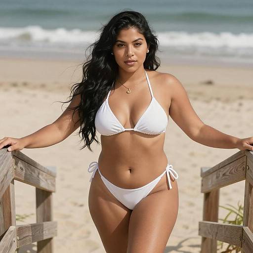 Curvy Latina Woman on Beach Stairs