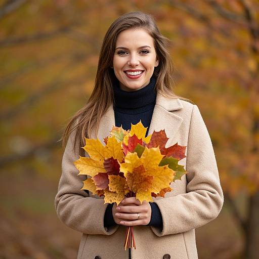 Photograph of a smiling woman with long brown hair, wearing a beige coat and black turtleneck, holding a bouquet of yellow and red autumn leaves