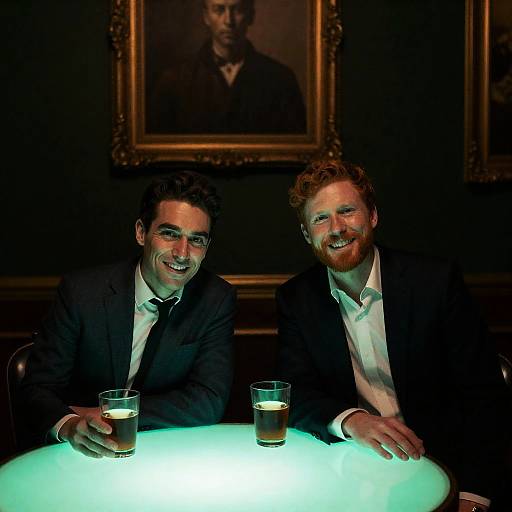 Two men in suits at glowing green table
