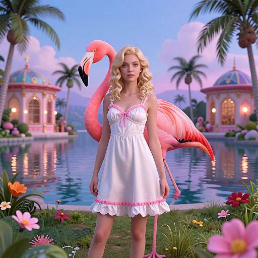 Blonde woman in white, pink-trimmed dress stands before pink flamingo by colorful, palm-fringed pool with domed buildings. Digital art