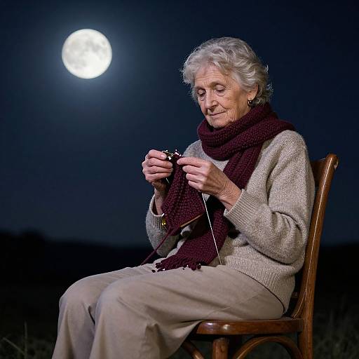 Photograph of elderly woman with white hair, wearing beige sweater, brown scarf, and beige pants, knitting under a full moon at night.