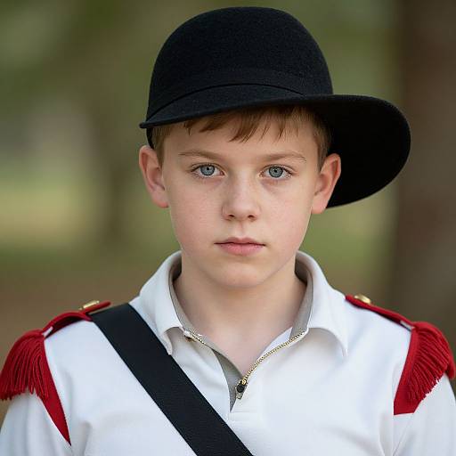 Photograph of a young boy with fair skin, blue eyes, and brown hair, wearing a black hat, white shirt, red and white uniform,