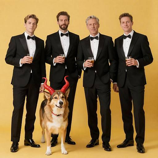 Men in Tuxedos with Quirky Dog
