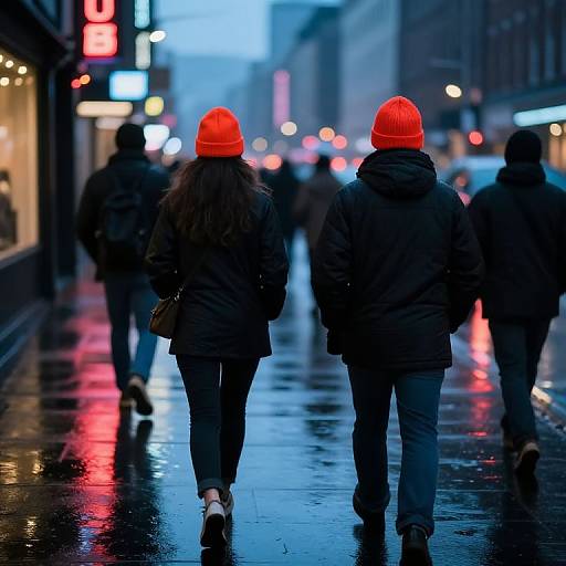 Photograph of two people walking on a wet, reflective city street at dusk, wearing black jackets and bright orange knit hats, surrounded by neon lights and
