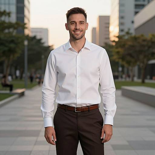 Photograph of a smiling, short-haired man with a trimmed beard, wearing a white button-up shirt and black pants, standing in a modern urban park