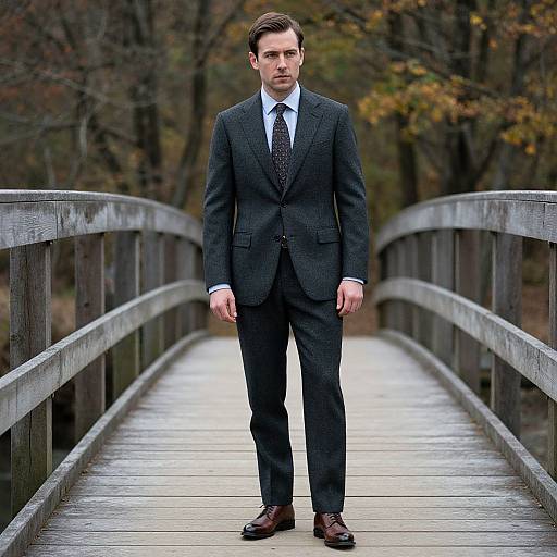 Photograph of a serious young man in a dark gray pinstripe suit, white shirt, black tie, and brown shoes, standing on a wooden