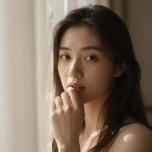 Portrait of Woman by Sheer Curtains