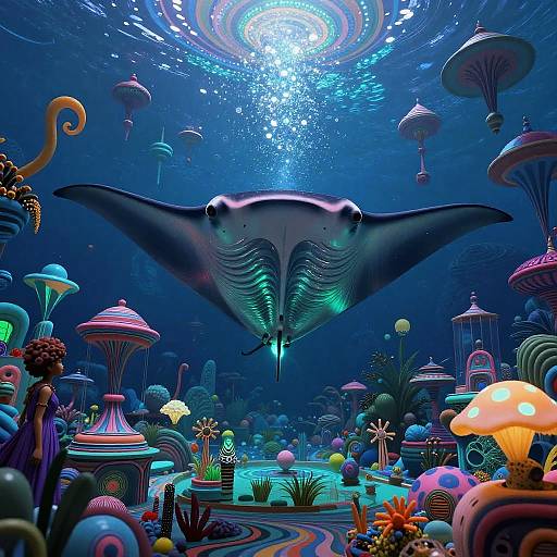Digital artwork: A surreal underwater scene with a giant manta ray, colorful mushroom-like structures, glowing plants, and vibrant, swirling patterns against a deep
