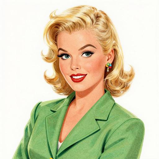 Vintage-style digital illustration of a smiling blonde woman with blue eyes, wearing a green blazer and green earrings, set against a plain white background.