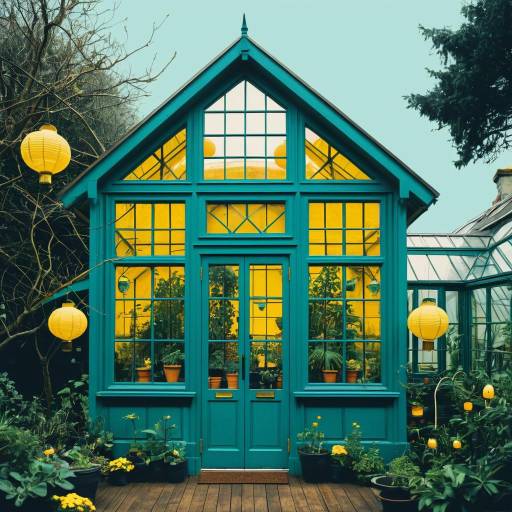 Teal Frame Greenhouse with Yellow Lanterns