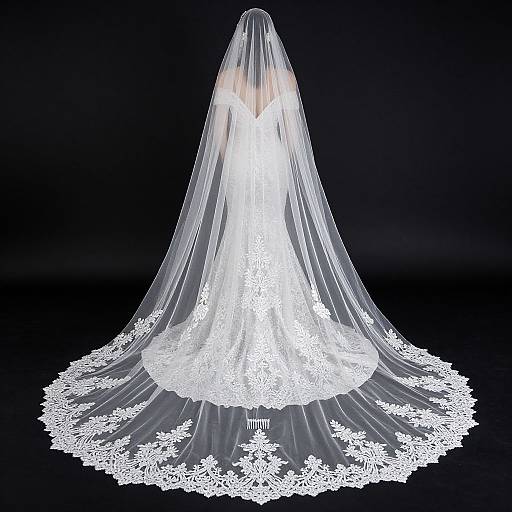 Photograph of a bride in a white, lace-trimmed wedding dress with a long, translucent veil, set against a dark background.