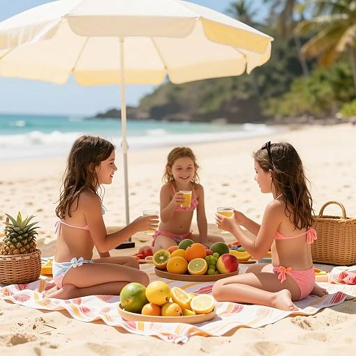 Girls Enjoying Tropical Beach Picnic