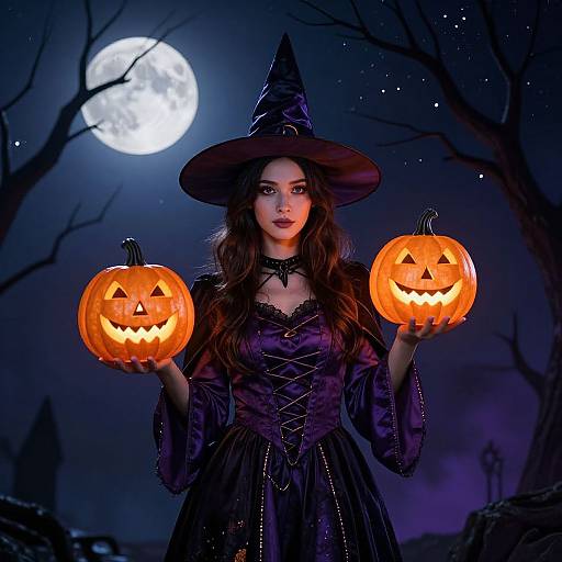 Photograph-style digital art: Witch in black dress and hat, holding two glowing jack-o'-lanterns, under full moon, dark, star