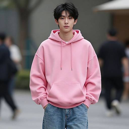 Photograph of a young Asian man with short black hair, wearing a pink hoodie and blue jeans, standing in a blurred urban setting.