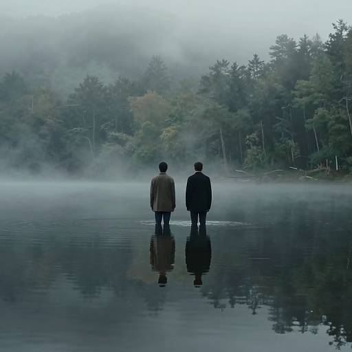 Photograph of two silhouetted figures standing in calm, reflective lake water, facing a misty, forested shoreline with dense trees.