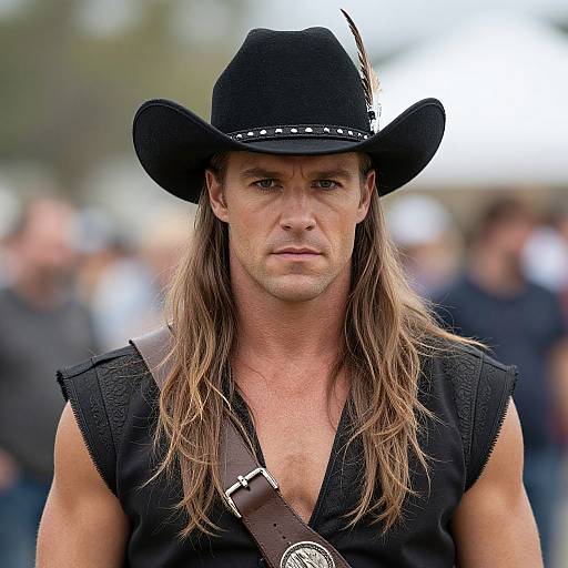 Photograph of a muscular man with long brown hair, wearing a black cowboy hat, sleeveless black vest, and brown strap, standing outdoors with a