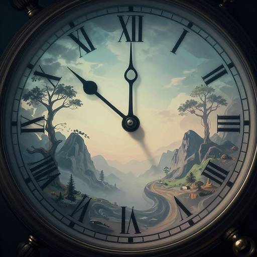Digital illustration of a fantasy clock face showing a misty mountain landscape with Roman numerals, winding road, trees, and distant peaks.
