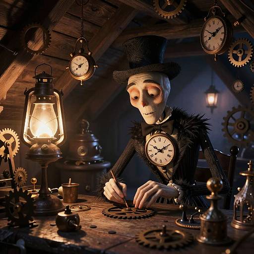 Steampunk-style CGI image of a skeletal figure with clock face on chest, black top hat, and fur-trimmed coat, tinkering with