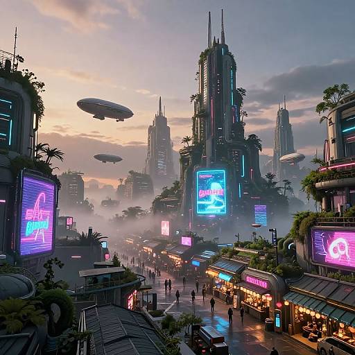 Neon-lit, futuristic cityscape at sunset with flying saucers, skyscrapers, mist, and bustling streets filled with glowing signs and