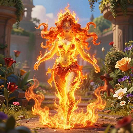 Digital art of a fiery, ethereal woman with glowing orange flames, wearing a red, gem-embellished loincloth, standing in a