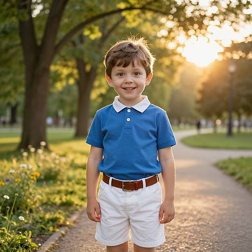 Photograph of a cute young boy with brown hair, wearing a blue polo shirt, white shorts, and brown belt, standing on a sunlit park