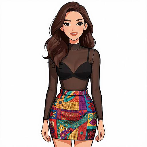 Digital illustration of a smiling woman with long brown hair, wearing a black sheer top and colorful geometric-patterned skirt, standing against a white background.