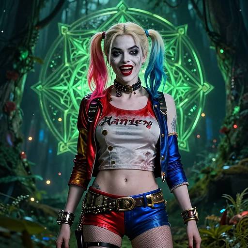 CGI image of Harley Quinn in a colorful forest, wearing a 