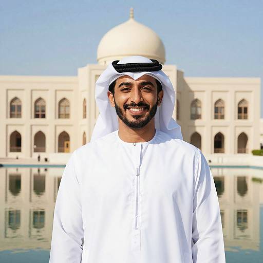 Photograph of a smiling Middle Eastern man in a white thobe and kuffiyeh, standing in front of a large, white domed building