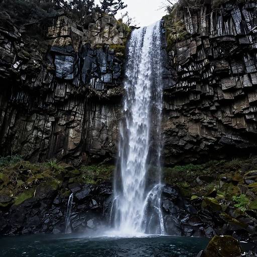 Photograph of a powerful waterfall cascading down a rugged, dark rocky cliff into a blue-green pool, surrounded by lush greenery.